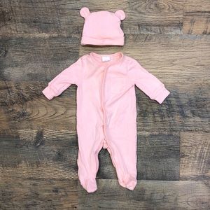 Starting Out Newborn Light Pink Button Up Long Sleeved Jumpsuit And Matching Hat